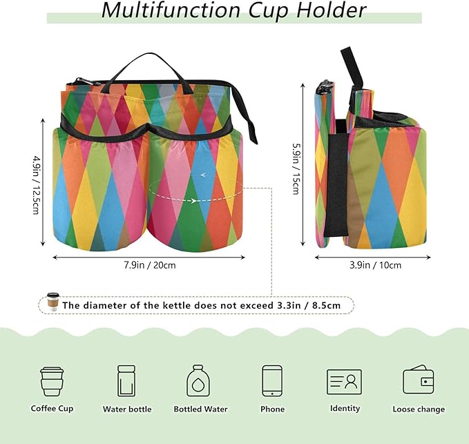 Luggage Cup Holder for Suitcases Free Hands Travel Cup Holder Portable Suitcase Cup Drink Holder Luggage Cup Caddy Bag Carrier Pink Green Argyle