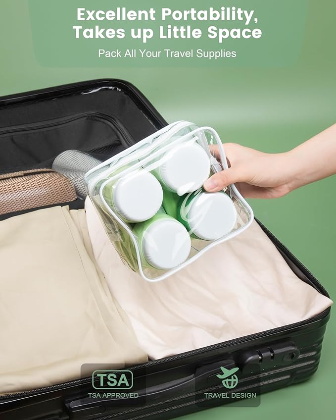 Travel Size Toiletries 8 Pack, TSA Approved 3oz Silicone Squeeze Bottles & Cream Jars with Clear Travel Bag