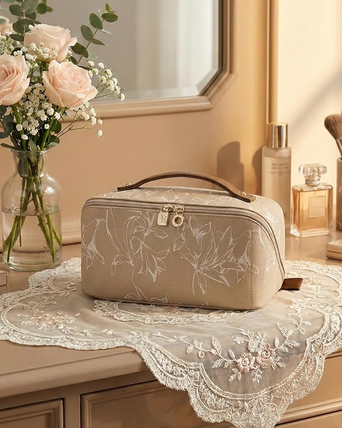 EACHY Travel Makeup Bag, Large Capacity Cosmetic Bags for Women, Waterproof Portable Pouch Open Flat Toiletry Bag Pattern Makeup Bag (F-Brown)