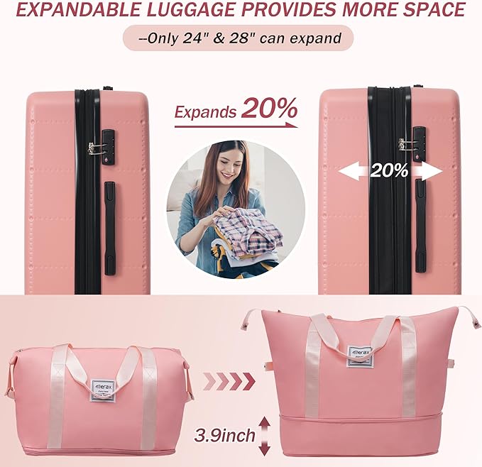Merax Luggage Sets 5 Piece, Hardside 20" Half-opening Carry On Suitcase Set with USB Port,Lightweight Travel 24" 28" Luggage with Bags TSA Locks Double Spinner Wheels,Light Pink