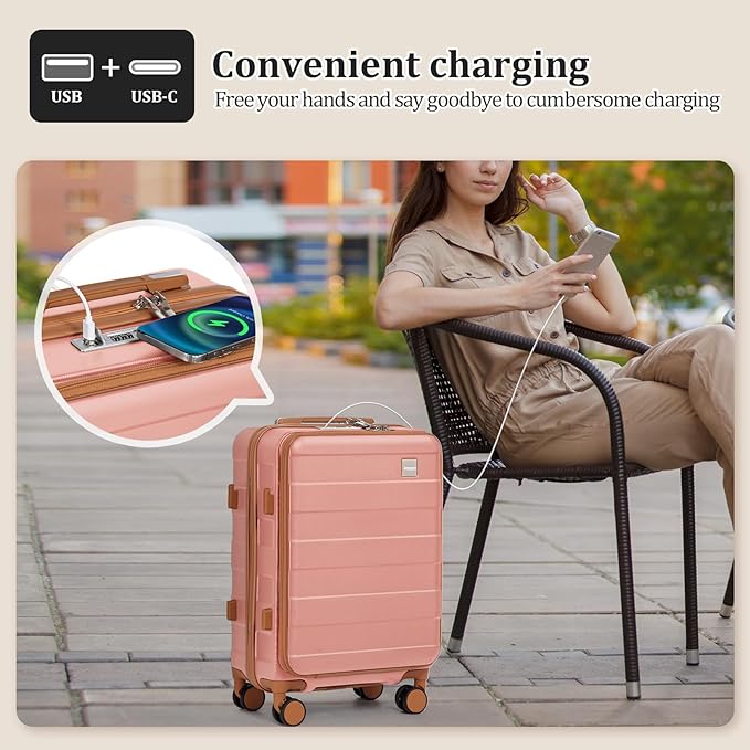 imiomo Carry on Luggage Airline Approved with Front Pocket and USB Port, Hard Shell 20 Inch Travel Carry-on Suitcase with Spinner Wheels and TSA Lock, Pink