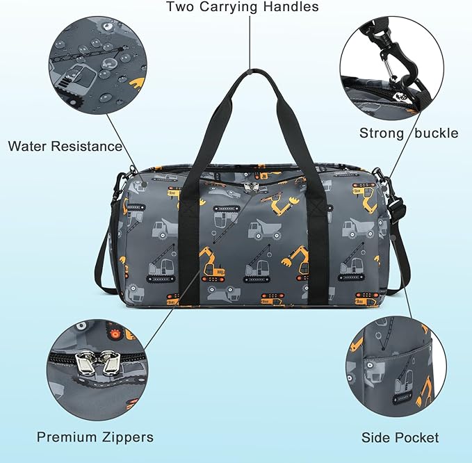 CAMTOP Kids Duffel Overnight Bag Boys Girls Toddler Weekender Carry-On Personalized Tote for Travel Gym Sport (Grey Vehicle)