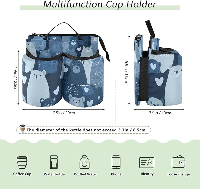 Luggage Cup Holder for Suitcases Free Hands Travel Cup Holder Portable Suitcase Cup Drink Holder Luggage Cup Caddy Bag Carrier Blue Bears and Hearts