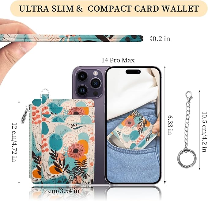 Hancynir Boho Abstract Floral Flower Small Wallet Women Credit Card Holder, Slim RFID Blocking Keychain Card Wallets, Mini Front Pocket PU Leather Travel Zipper Coin Cash Ladies Wallet Organizer Gifts