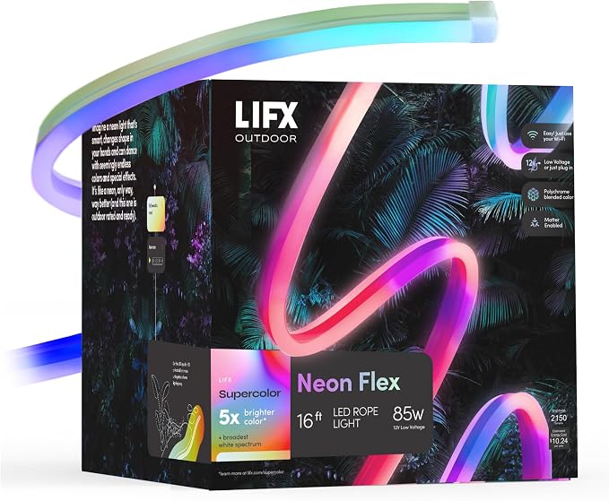 LIFX Neon Flex Rope Lights - 16ft Outdoor LED Rope Light - Compatible with Alexa | Matter Certified, Apple Homekit, WiFi 2.4GHz, Polychrome 60 Zones, RGB 1500-9000K, 2150 lm, IP67, for patios, eaves, pathways