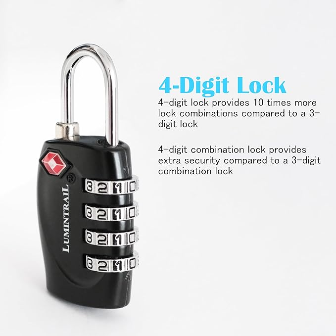 Lumintrail TSA Approved Locks, 4 Digit Combination Luggage Locks TSA Approved, Travel Locks for Luggage & Suitcase with 4-FT Steel Cable, Black, 1 Pack