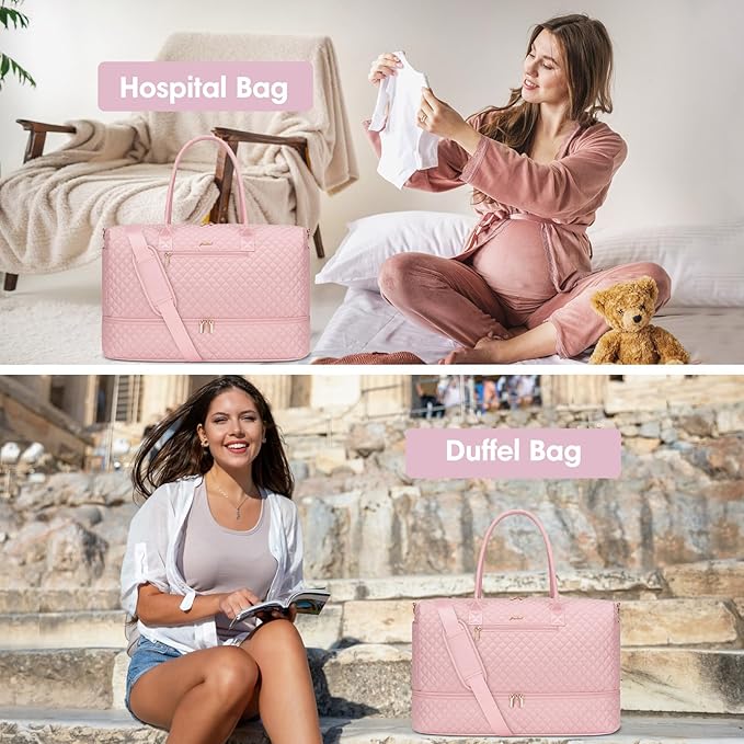 Travel Weekender Bags for Women - Large Duffle Bag with Shoe Compartment Carry On Overnight Bag with Toiletry Bag Pink Duffel Bags with Wet Pocket for Gym Hospital Bags for Labor and Delivery