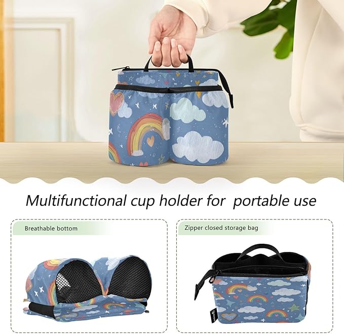 Blue Rainbow Hearts Clouds Stars Luggage Cup Holder Travel Portable Free Hand Drink Carrier Suitcase Drinks Beverage Holder Carry-On Bottle Mug Holder Organizer Bag Travelers Accessories