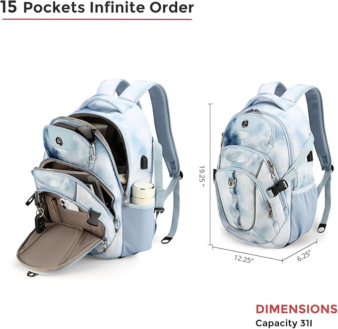 Swissdigital Laptop Backpack with USB Charging Port, Travel Backpack Fits 15.6 inches Computer, 31L Backpack for Men, Polka Blue | SD803-105