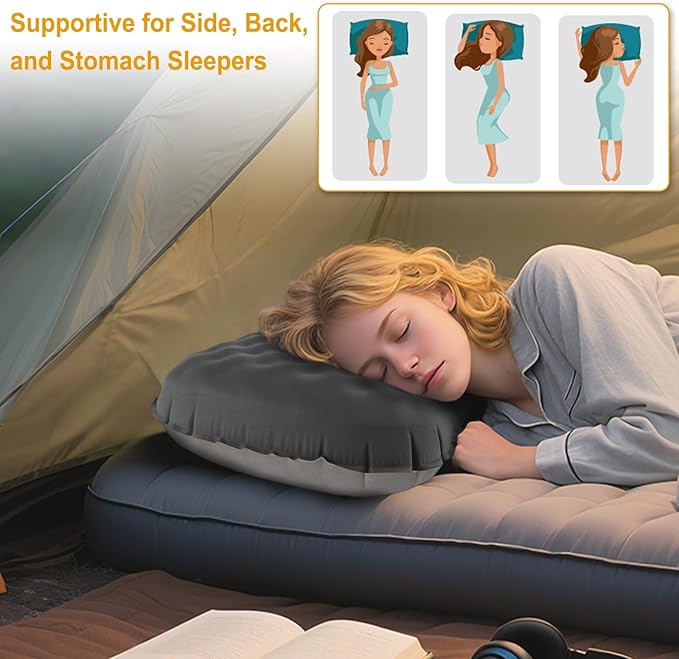 Camping Pillow with Ice Silk Memory Foam Cover - Ultralight Inflatable Pillow for Camping Lightweight, Ergonomic and Washable for Camping, Hiking, and Travel Gray