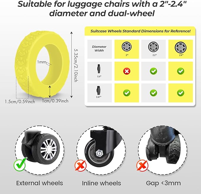 8 Pack Luggage Wheel Covers for Dual Spinner Wheels, Silicone Suitcase Wheel Protectors for 2.0"-2.4" Wheels, Noise Reducing & Anti-Scratch Tire Sleeves, Travel Accessories for Checked & Carry On