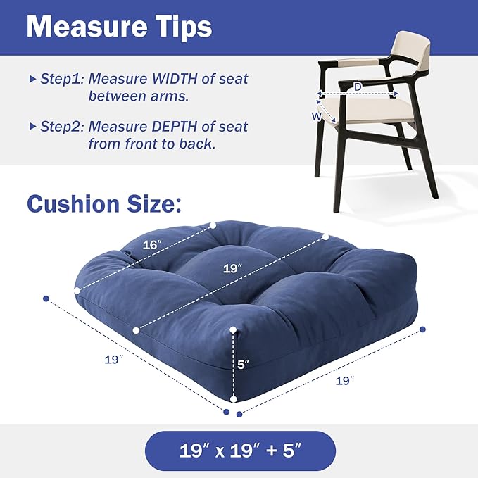 Outdoor Chair Cushions Set of 4, Patio Chair Cushions with Ties, 19x19+5” Tufted Outdoor Seat Cushions, Waterproof Patio Furniture Cushions, Outdoor Dining Chair Pads, Navy