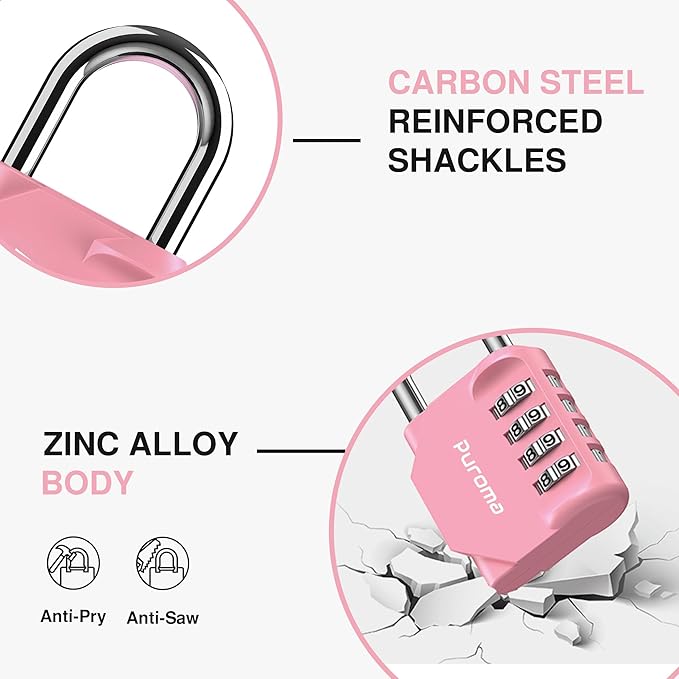 Puroma 1 Pack Combination Lock for Locker 4 Digit Outdoor Waterproof Padlock for School, Gym, Sports, Fence, Toolbox, Gate, Case, Outdoor, Hasp Storage, Cabinets (Rose Pink)