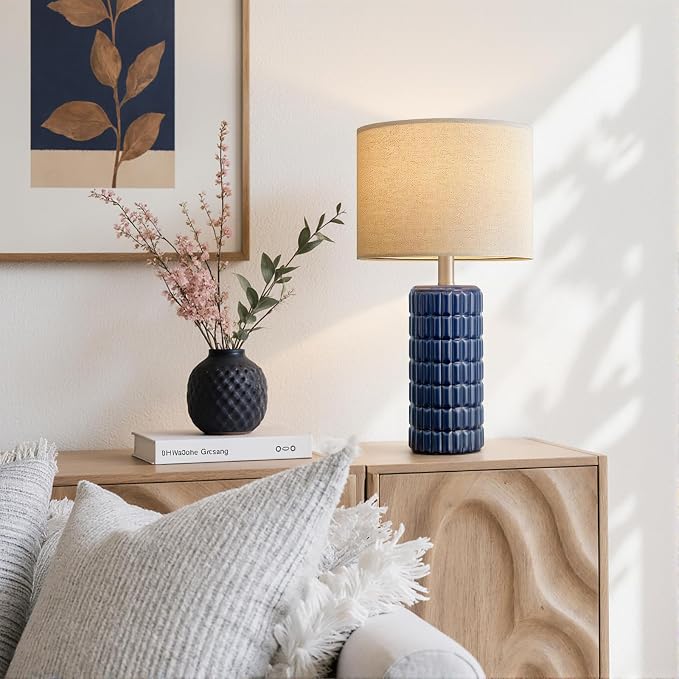 Seealle 23" Modern Ceramic Table Lamps Set of 2, Lamps for Bedroom, Blue | Lamps for Living Room, Bedroom, Bedside, Night Stands, End Table, Desk, Farmhouse Home Decor