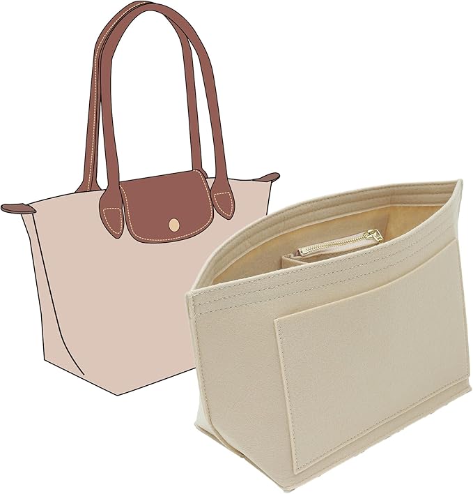 Fit Longchamp Organizer Insert, for Long Champ Le Pliage M Bag Handbag Women, with Cup Holder, Medium/Beige