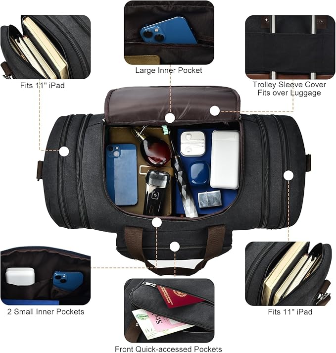 Litvyak Duffle Bag for Travel, Large 60L Canvas Travel Duffel Bags Overnight Weekend Gym Carry On Luggage Bag for Men & Women(Black)