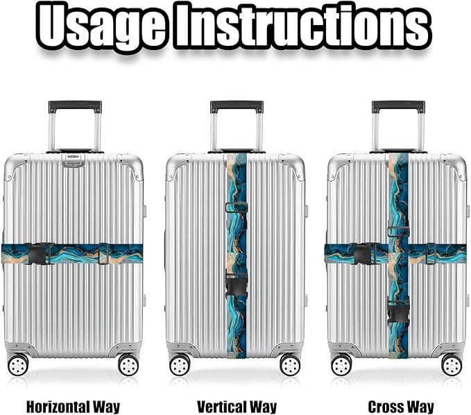 Nuxovilar Luggage Straps of 2 Set Blue & Gold Fluid Art Pattern, 1.96x90.5 inches - Luggage Straps for Suitcases, Nice for Art Lovers, Travel, Adventures
