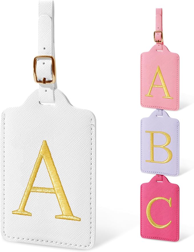 Initial Luggage Tags for Suitcases, Cute Embroidered Letter Luggage Bag Suitcase Identifier Name Baggage Tag, PU Leather Travel Luggage Tags, Bag Tags for Men Women Kids Luggage Handbags(White A)