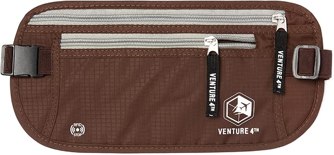 VENTURE 4TH Money Belt for Travel – Hidden Under-Clothes RFID Blocking Passport Holder & Slim Travel Wallet Pouch for Men & Women to Protect Cash, Cards & Documents (Brown)