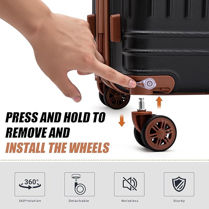 KUNEL Expandable 5 Piece Luggage Sets with Detachable Spinner Wheels and TSA Lock, Unisex Hardside ABS Suitcase Set, Hardshell Lightweight Waterproof Travel Hard Case Suitcases with Wheels, Black