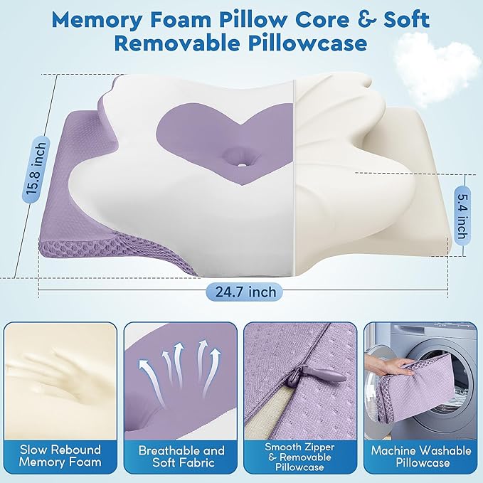 Cervical Neck Pillow, Memory Foam Neck Support Pillows for Sleeping, Shoulder Pillow for Side Sleepers, Back Stomach Sleepers, Queen Size, Lavender Color