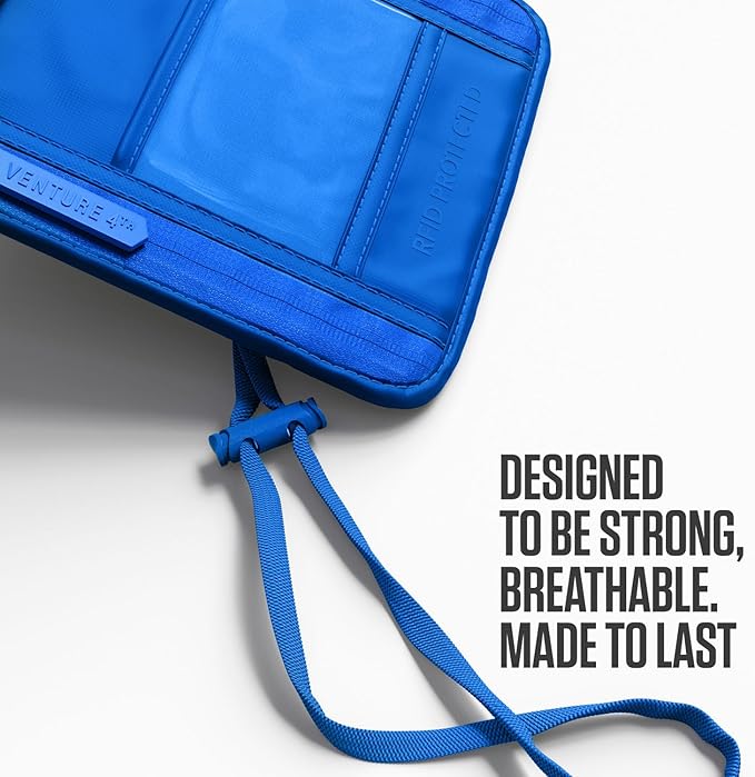 VENTURE 4TH Neck Wallet for Women & Men – RFID Blocking Passport Holder for Travel, Hidden Neck Pouch with 6 Compartments, Slim Lightweight Travel Organizer with Adjustable Strap (Sleek Blue)