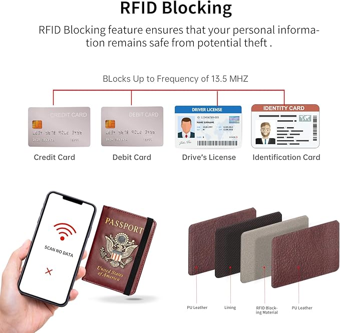 Passport Holder and Card Slot Combo RFID Blocking Leather Travel Passport Wallet for Men and Women US Passport Cover, Wine Red