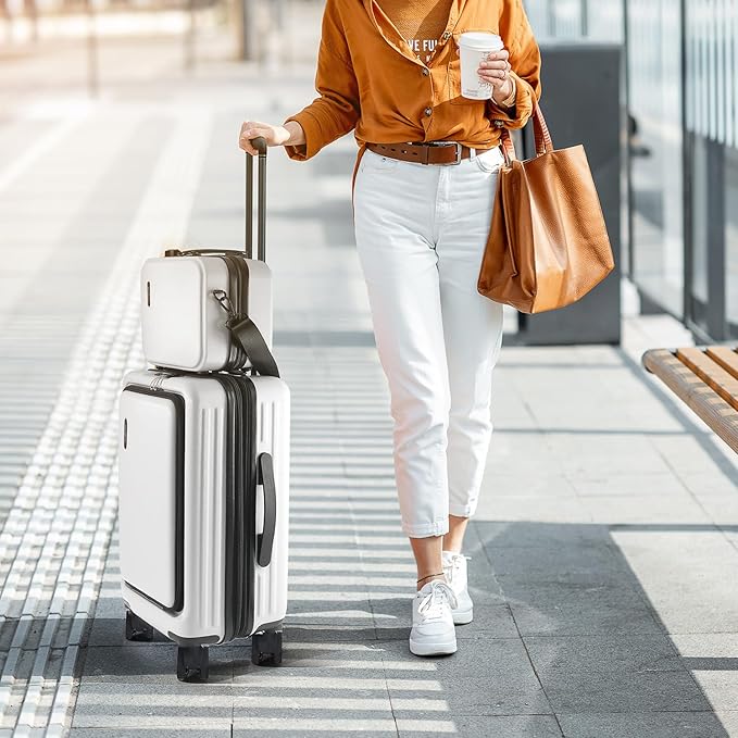 20 Inch Carry On Luggage 22x14x9 Airline Approved, Carry On Suitcase with Wheels, Hard-shell Carry-on Luggage, Durable Luggage Carry On, White Small Suitcase with Cosmetic Carry On Bag