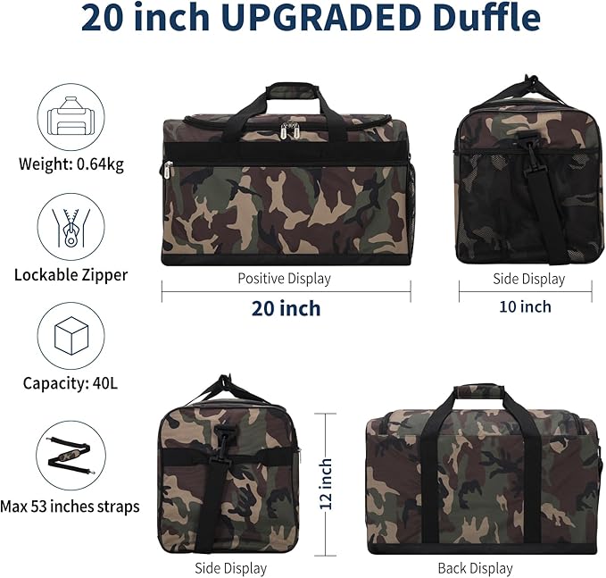 Gym Bag 20 inch Sport Duffle Bag for Men - 40L Weekender Duffel Bag for Travel - Camo
