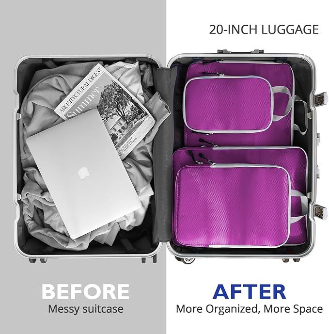 Compression Packing Cubes, 10 Set Packing Cubes for Travel Compression, Lightweight Compressible Package Organizer for Carry On and Suitcases, Purple and Grey