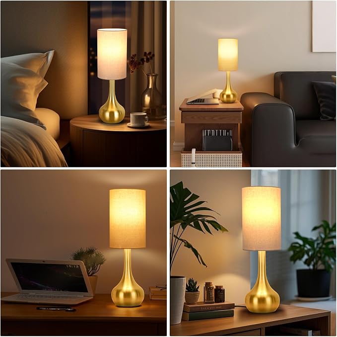 Touch Gold Table Lamp for Nightstand, 3-Way Dimmable, Space Saving & No Assembly Required, Upgraded Small Bedside Lamp for Bedroom, Living Room, Office (Bulb Included)