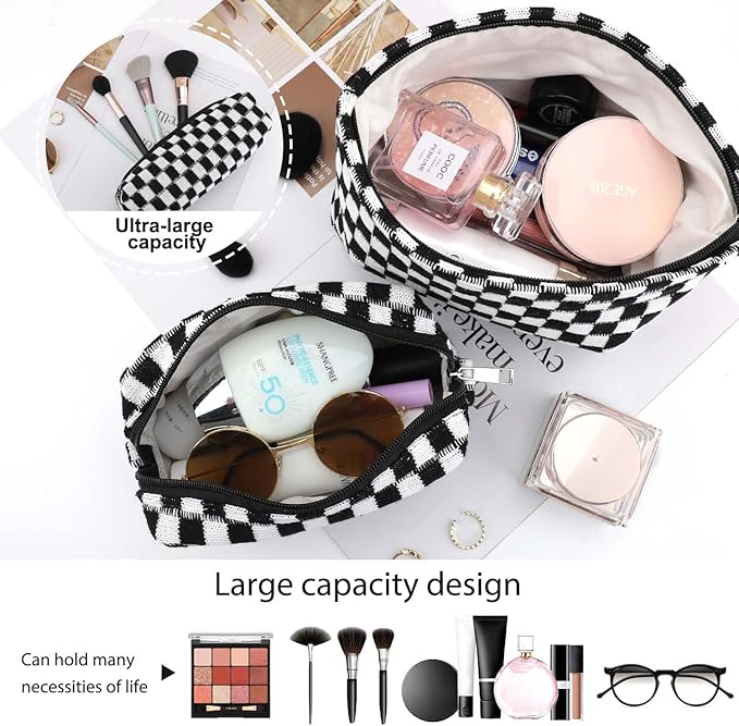 EIMMBD Makeup Bag 3 Pieces Large Capacity Checkered Cosmetic Bags Travel Toiletry Bag Organizer Cute Makeup Pouch Storage for Women(Black)