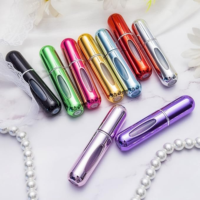 Portable Mini Perfume Atomizer Bottle, Atomizer Perfume Spray, Scent Pump Case, Refillable Travel (5ml, 5 Pack) (Purple, Gold, Green, Red, Black)