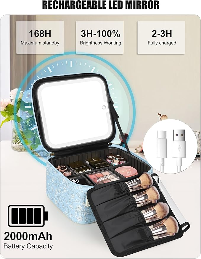 Relavel Travel Makeup Bag With LED Mirror for Women, Cosmetic Organizer Bag with Adjustable Brightness in 3 Color Scenarios, Detachable Dividers, Waterproof Train Case for Daily - White Flower