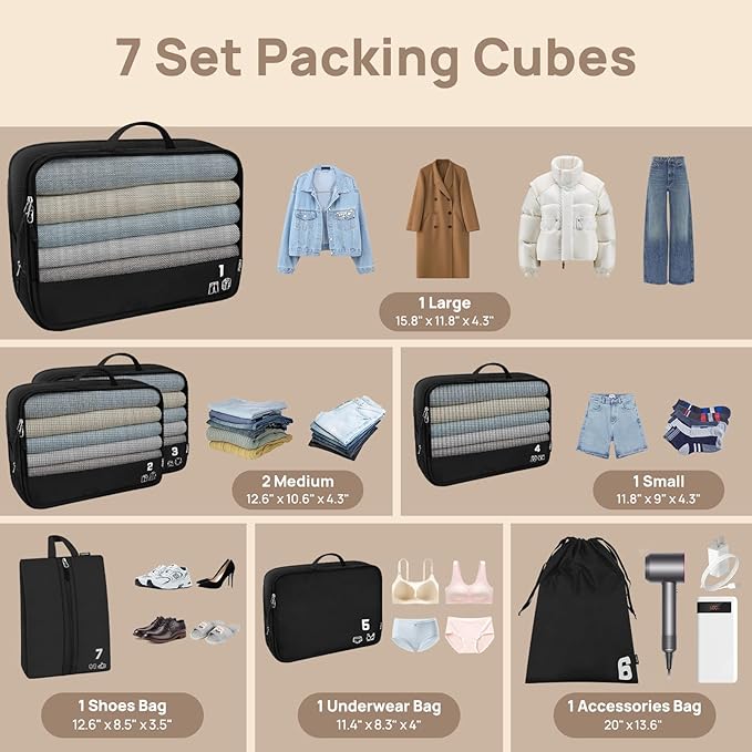 7 Set Compression Packing Cubes Travel Accessories Expandable Packing Organizers (Black)