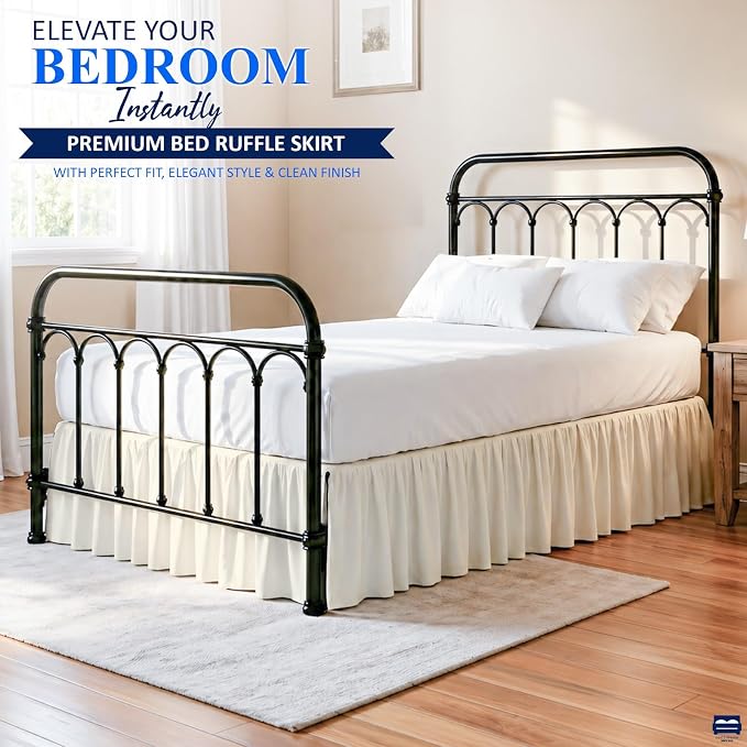 Ruffled Bed Skirt with Split Corners-Dust Ruffle - 15" Drop 100% Microfiber Soft,Sheen & Luxurious Look - Bed Skirts (Ivory -Queen)
