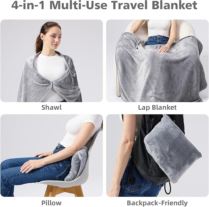 Travel Blanket with Carry Bag, Lightweight Wearable Airplane Blanket, Soft Packable Throw for Travel & Office Light Grey