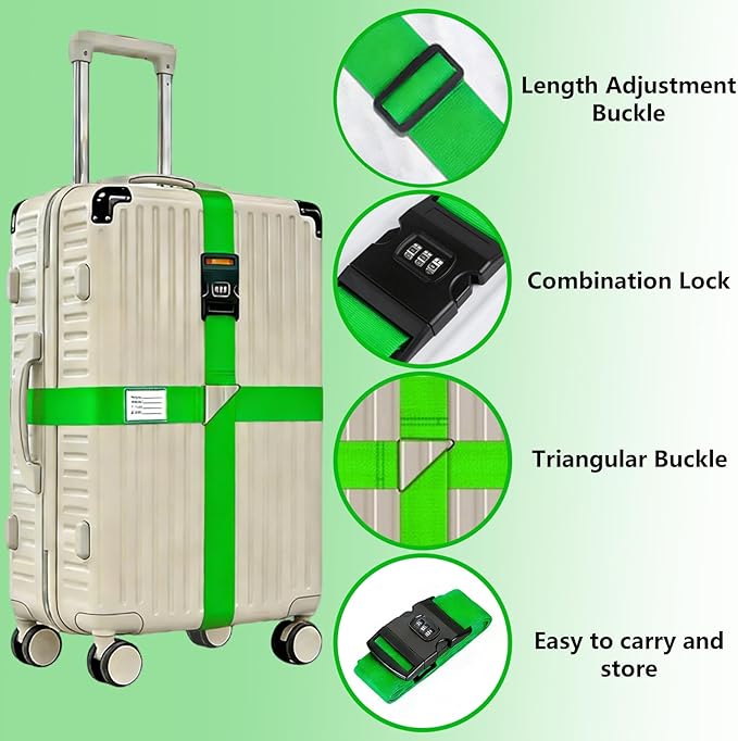 Luggage Straps for Suitcases,Travel Luggage Straps with Lock and Luggage Tags,Suitcase Strap,Adjustable Bright-Colored Travel Belt for Travel Suitcase Bag Closure Accessories.(Green)
