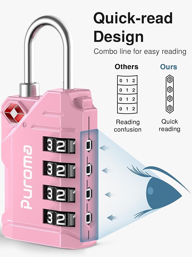 Puroma TSA Approved Luggage Locks, 2 Pack 4 Digit Resettable Travel Combination Code Lock with Zinc Alloy Body for Suitcase, Backpack, Laptop Bag, Gym Locker, Toolbox (Pink)