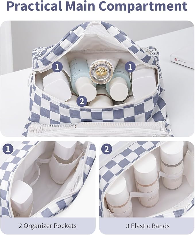 Narwey Small Hanging Travel Toiletry Bag for Traveling Women, Checkered Travel Bag for Toiletries, Makeup Bag Organizer Make Up Cosmetic Bags (Grayish Blue Checkerboard)