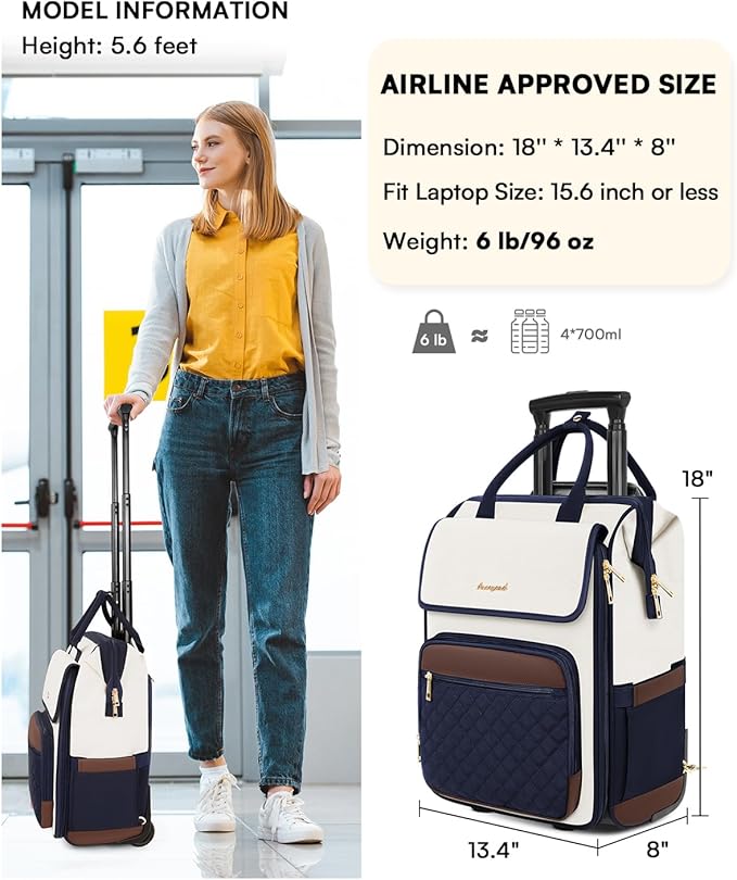 Rolling Backpack for Women, Travel Rolling Laptop Backpack with Wheels, Vertical & Horizontal Storage 2 In 1, Flip-Top Design, Water-Resistant Overnight College Underseat Carry on Luggage, Navy Blue
