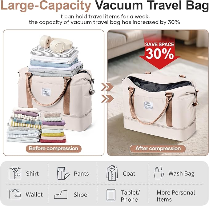 Overnight Weekender Bags for Women,Vacuum Travel Duffel Bag with Air Pump, Personal Item Travel Bag with Shoes Compartment & Compression Pocket,Beige & Brown