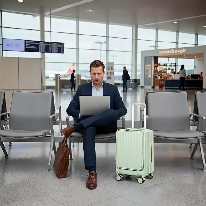 20 Inch Top Opening Carry On Luggage 22x14x9 Airline Approved Expandable With Spinner Wheels & Cup Holder,PC Hard Shell Lightweight Small Shitcase With Tsa Approved For Travel Women Men,Green