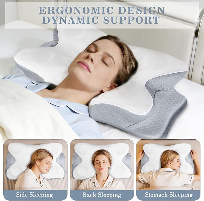 CCidea Cervical Neck Pillows for Sleeping & Pain Relief-Ergonomic Contour Memory Foam for Side/Back/Stomach Sleepers, 2 Heights with ICY Cooling Grey Silk Pillowcase - Gifts for Men & Women