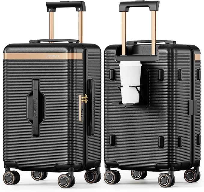 Joyway 22 Inch Carry on Luggage with Cup Holder, Hard Shell Suitcases with Shock Absorbing Spinner Wheels and Pressure-resistant Frame, Lightweight Carry-on Luggage with TSA Lock, Black