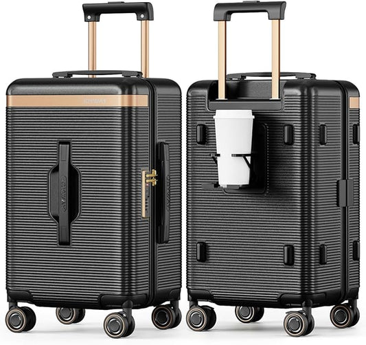 Joyway 22 Inch Carry on Luggage with Cup Holder, Hard Shell Suitcases with Shock Absorbing Spinner Wheels and Pressure-resistant Frame, Lightweight Carry-on Luggage with TSA Lock, Black