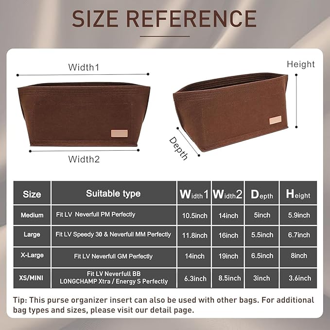 Purse Organizer Insert, Felt Bag Organizer with Base Shaper, Handbag Tote Dividers for Inside Purse Accessories, Insert for Neverfull PM, City 30 and More, Brown/M
