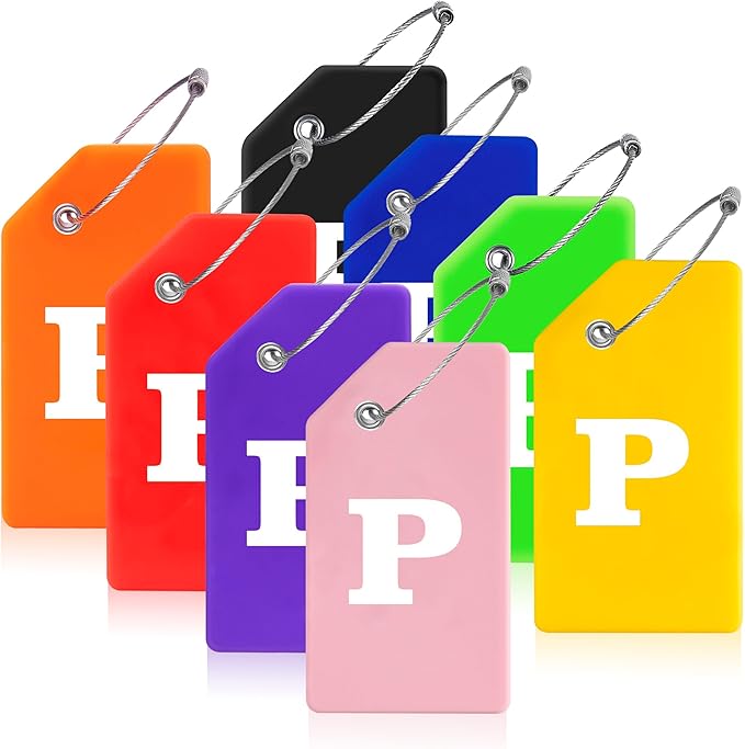 Gostwo 8 Pack Luggage Tags for Suitcases, 26 Initial Letter Travel Luggage Baggage Identification Labels ID Tags Fully Bendable Tags with Stainless Steel Loop (Letter P, Colorful)
