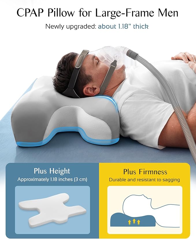 CPAP Pillow for Larger-Framed Men, Ergonomic Memory Foam Bed Pillow to Reduce Air Leaks, Facial Pressure, Height Adjustable for Side Back Stomach Sleepers, 23.6"x15.74"x5.11"/5.9"