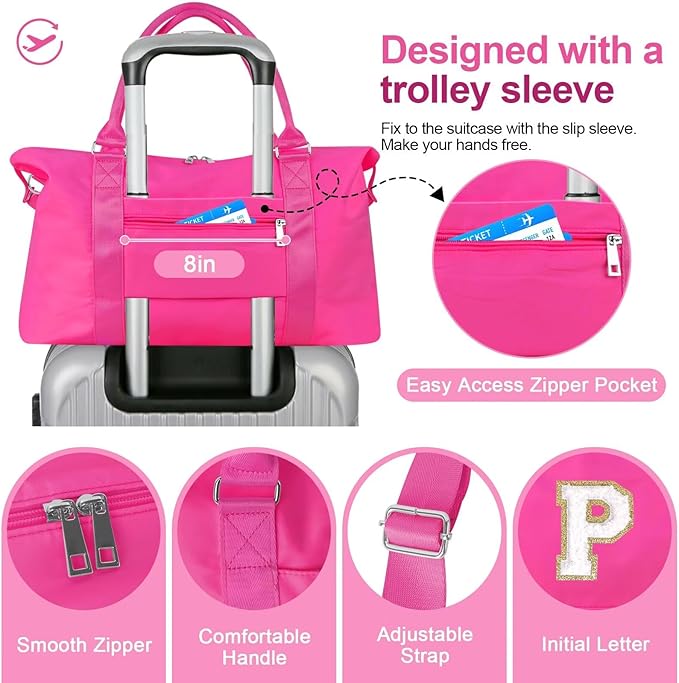 Dance Gym Duffel Bag for Teen Girls, Personalized Initial Travel Weekender Bag,Cute Overnight Carry On Duffle for Women,Sports Travel Cheer Bag,Monogram Christmas Gifts for Tween Preppy(rosered-P)